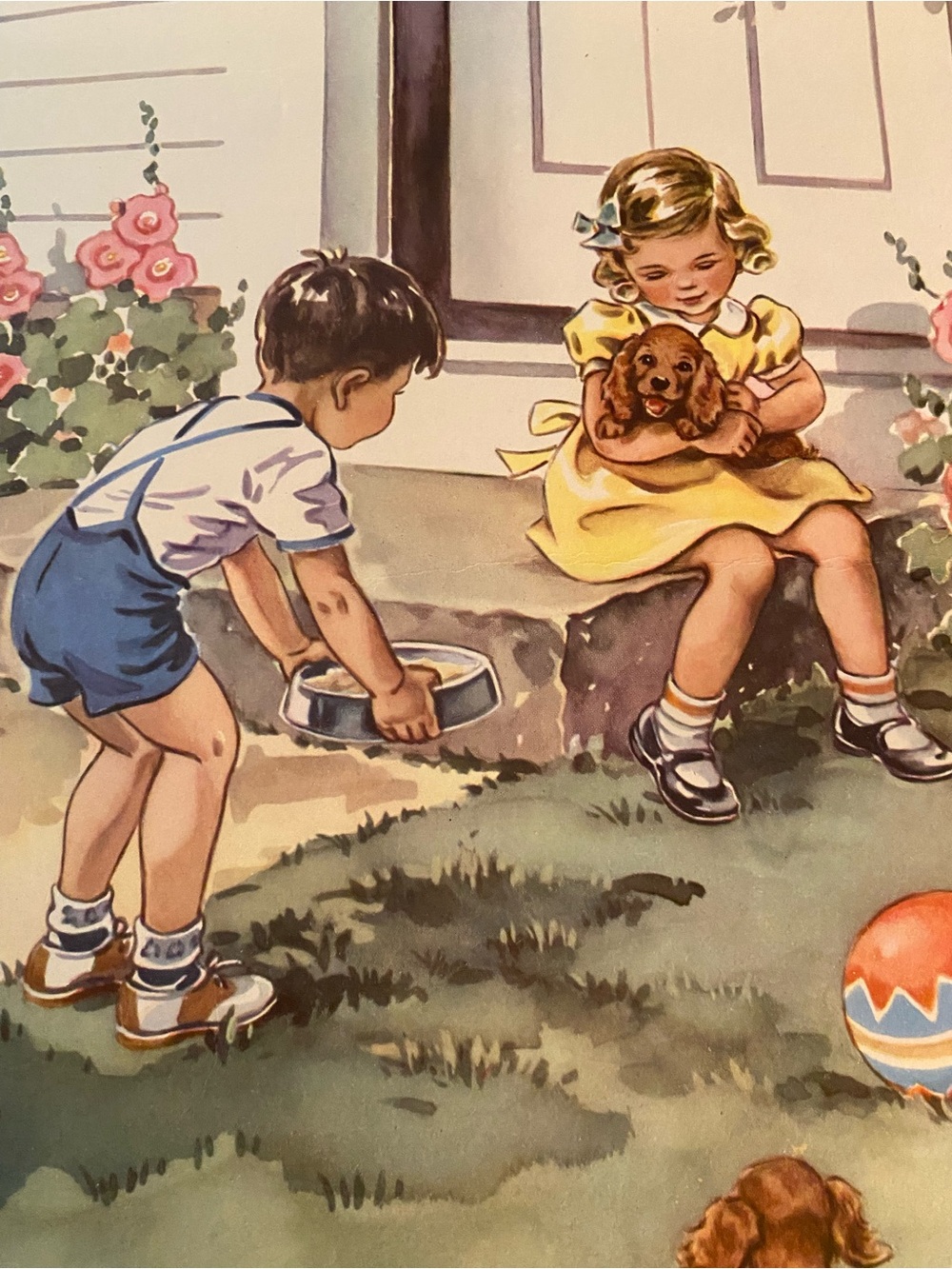 Vintage Children & Puppy Illustration Wall Art Print - Yellow
